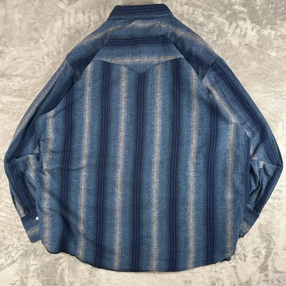 Wrangler Blue Plaid Striped Flannel Peral Snap Long-sleeve Shirt Size XXL - Picture 2 of 6